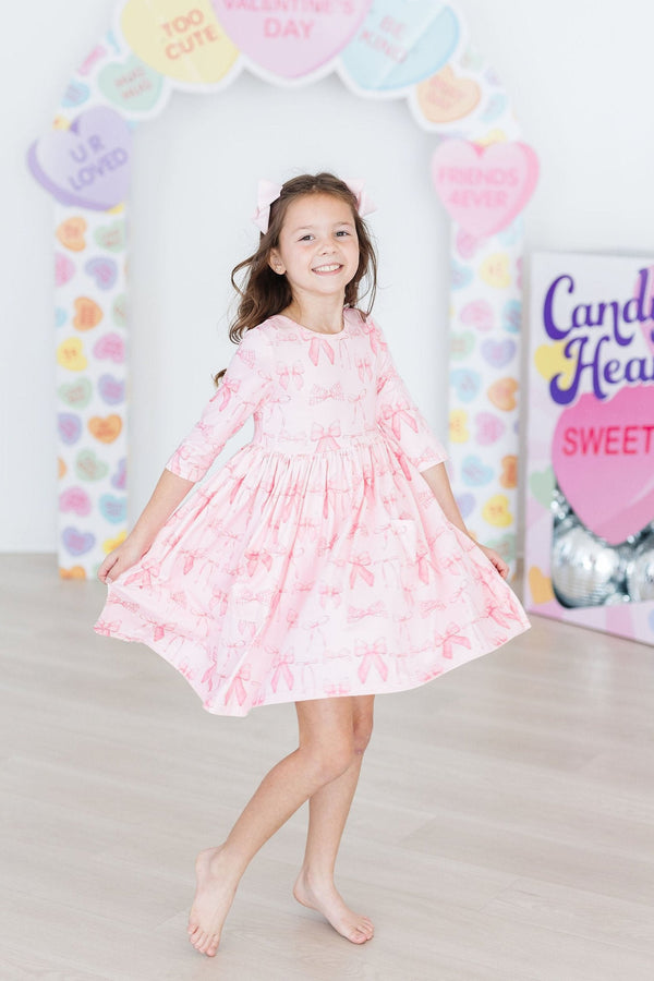blushing-bows-3-4-sleeve-pocket-twirl-dress Mila &  Rose - Sophia's Style-Blushing Bows 3/4 Sleeve Pocket Twirl Dress-6-12M--1